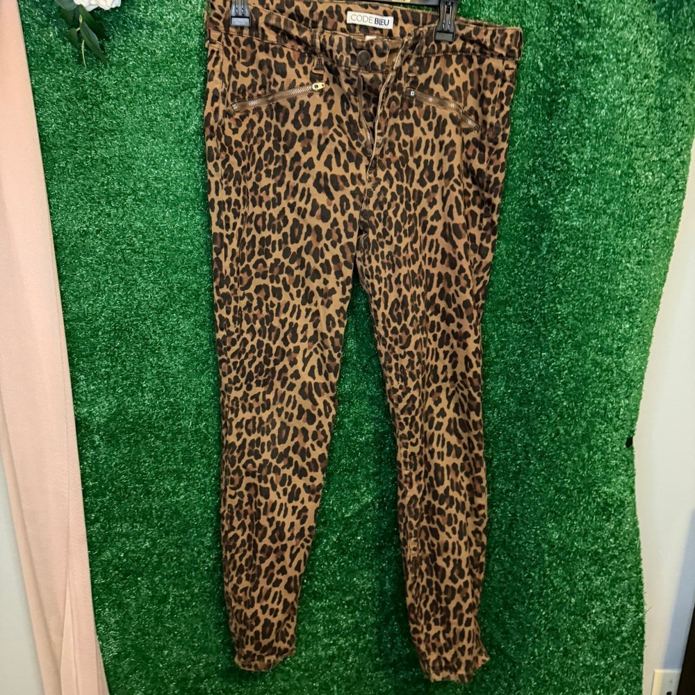 Code Bleu Leopard Print Moto Skinny Jeans Pants Women's Size 12 Zip Pockets
